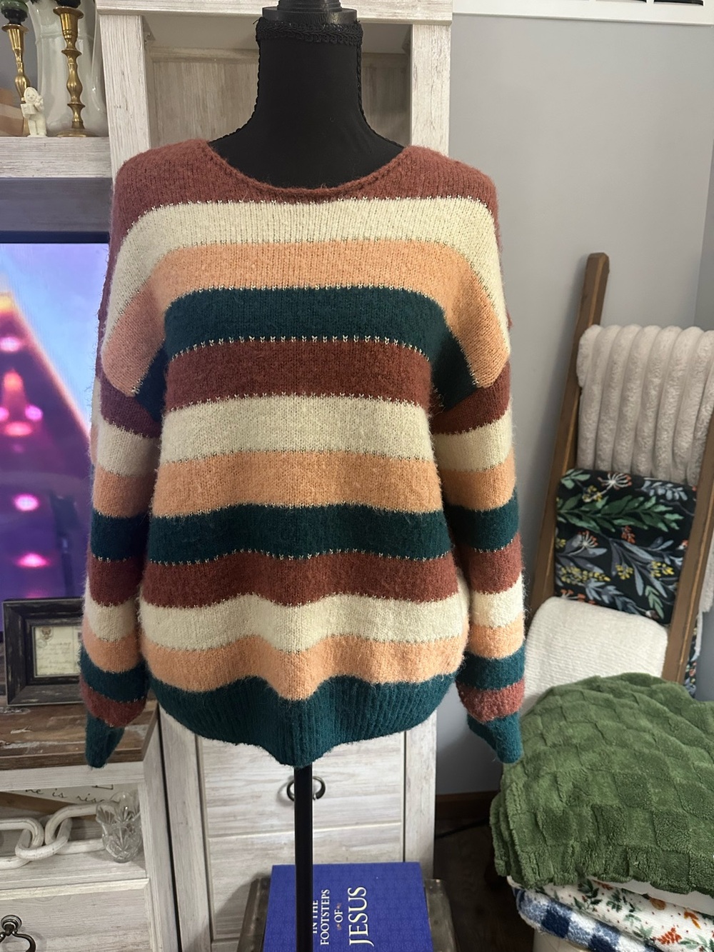 Molly Bracken Striped Fuzzy Crewneck Sweater in Rust, Cream, Peach & Teal